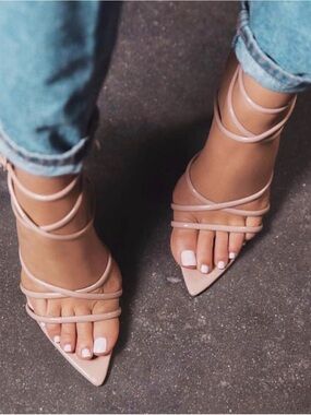 Cape Robbin Ada Strappy Pointed-Toe Ankle Wrap Heels in Nude